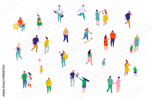 Different isometric people vector set isolated on white. Male and female have outdoor activity.  