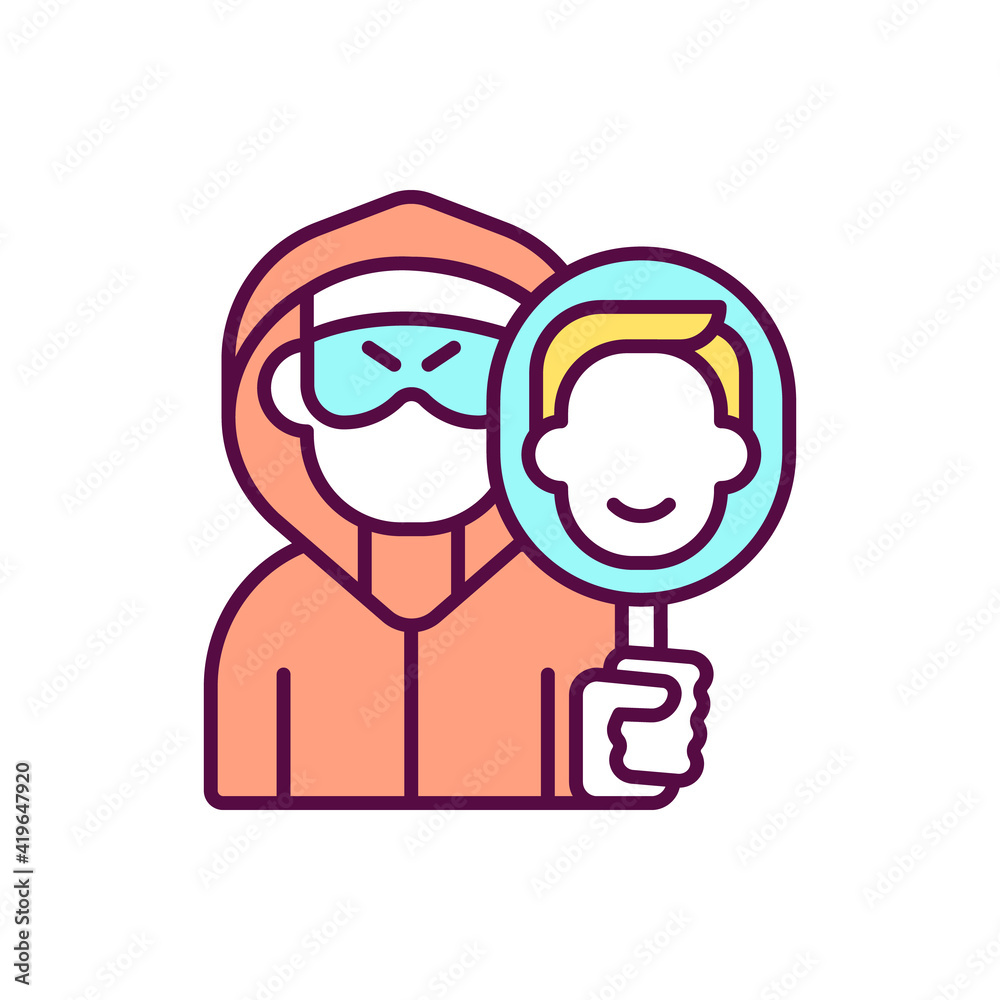 Robber identity change RGB color icon. Thief luring information of card. Privacy data theft. Using personal identifying information. Commit fraud and other crimes. Isolated vector illustration Robber identity change RGB color icon. Thief luring information of card. Privacy data theft. Using personal identifying information. Commit fraud and other crimes. Isolated vector illustration