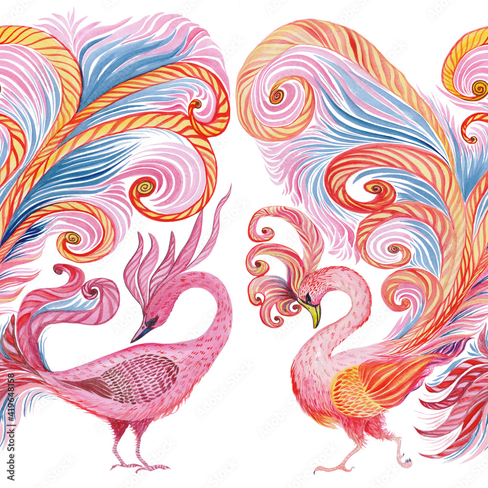 Obraz premium Watercolor - birds. Seamless patterns. Decorative composition. Wallpaper. East style. Use printed materials, signs, items, websites, maps, posters, postcards, packaging.