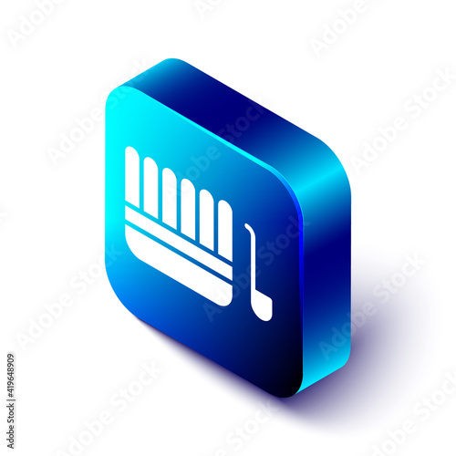 Isometric Sauna bucket and ladle icon isolated on white background. Blue square button. Vector Illustration.