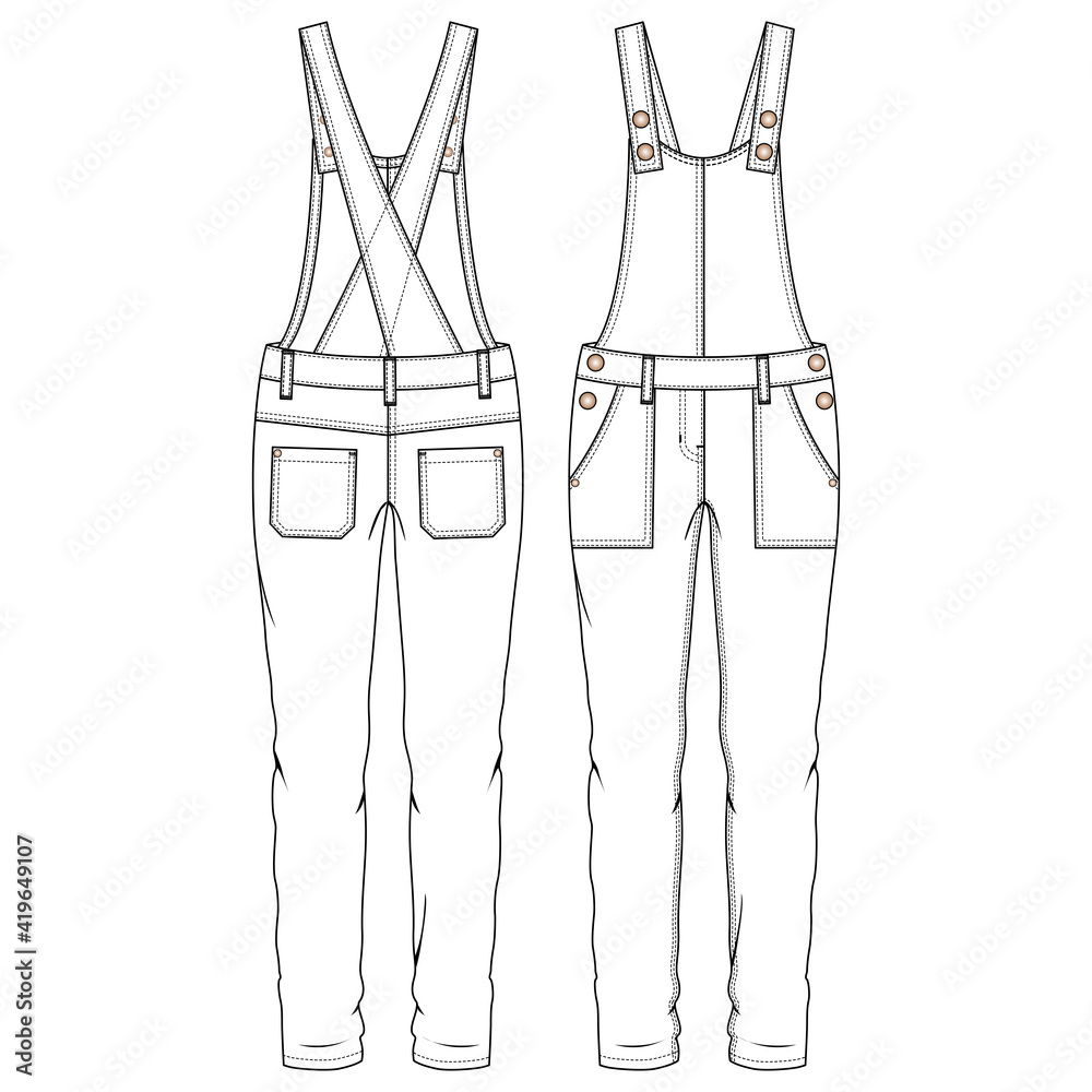 Girls Overall fashion flat sketch template. Women Woven Jumpsuit Technical  Fashion Illustration. Straps crossing over at back Stock Vector | Adobe  Stock