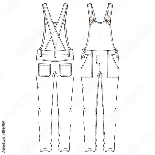 Girls Overall fashion flat sketch template. Women Woven Jumpsuit Technical Fashion Illustration. Straps crossing over at back