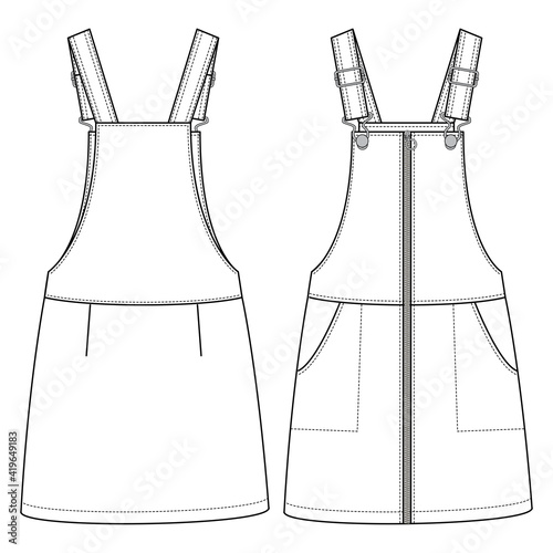 Girls Zip Front Pinafore fashion flat sketch template. Kids Jumper Dress Technical Fashion Illustration. Shank Strap Closure. Slanted Pockets