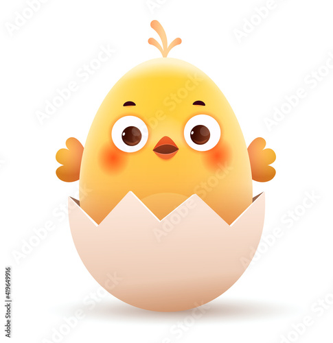 Small yellow chick in an eggshell. Cartoon vector character on white isolated background.