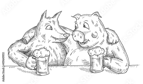 Fototapeta Naklejka Na Ścianę i Meble -  Wolf and pig hugged and raised glasses with beer. Flat cartoon color icon