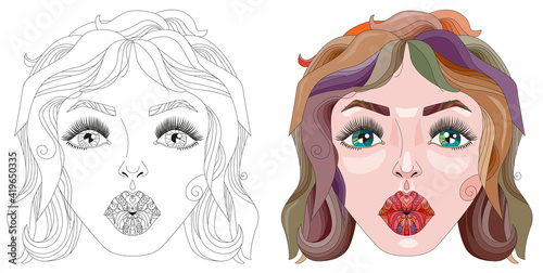 Doodle girls face. Womens portrait for decoration. Vector illustration.