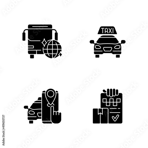 Taxi service black glyph icons set on white space. Easy movement around the city. Convenient transportation. Party bus. Taxi tracker. Silhouette symbols. Vector isolated illustration