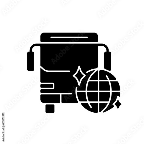 Party bus black glyph icon. Ability to coolly celebrate the holiday. Disco bus. Fun way to celebrate. Disco in motion. Silhouette symbol on white space. Vector isolated illustration