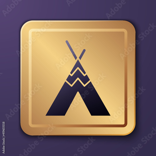 Purple Traditional indian teepee or wigwam icon isolated on purple background. Indian tent. Gold square button. Vector.
