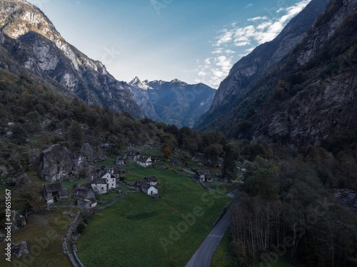 Aerial panorama view of historic stone rock houses in Sabbione village Bavona Valley Vallemaggia Ticino Switzerland photo