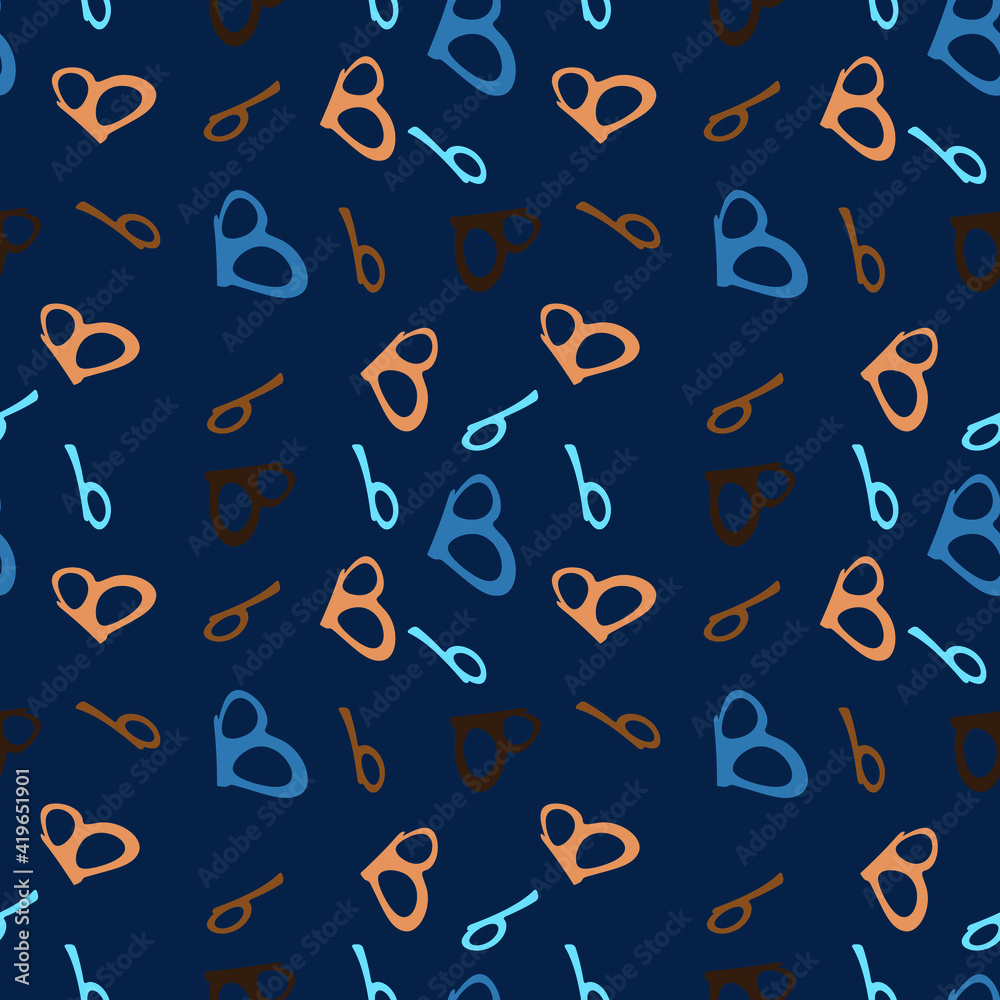 Brown and beige seamless pattern with the letter B on a blue backdrop. Minimalist style. Hand drawn Background for fabric, wallpaper, bed linen. Vector illustration.