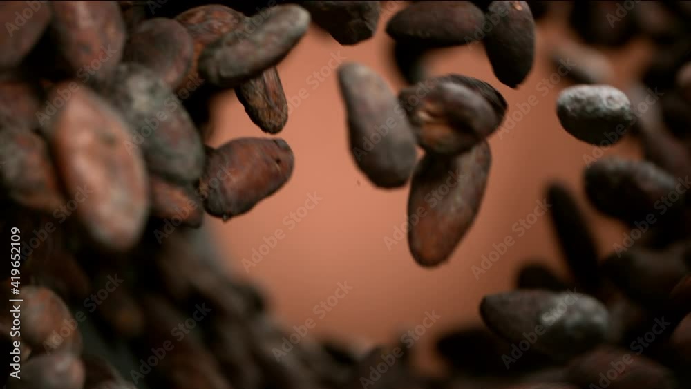 Super slow motion of flying roasted cocoa beans in rotation movement. Filmed on high speed cinema camera, 1000fps.