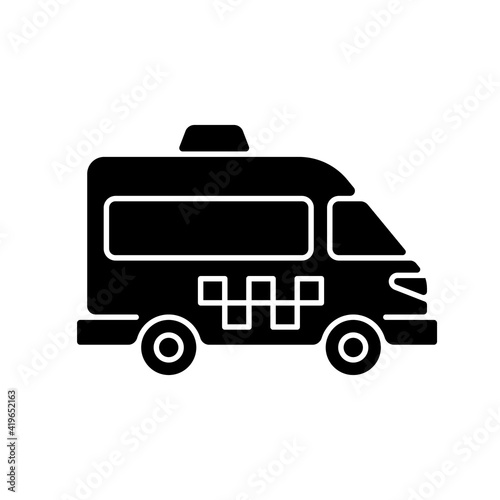 Shuttle buses black glyph icon. Convenient means of transportation around the city. Travel by company. Alternative city transport. Silhouette symbol on white space. Vector isolated illustration