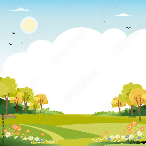 Spring landscape with blue sky and clouds,Panorama Green fields with copy space, fresh and peaceful rural nature in springtime with green grass land. Cartoon vector illustration for kids banner