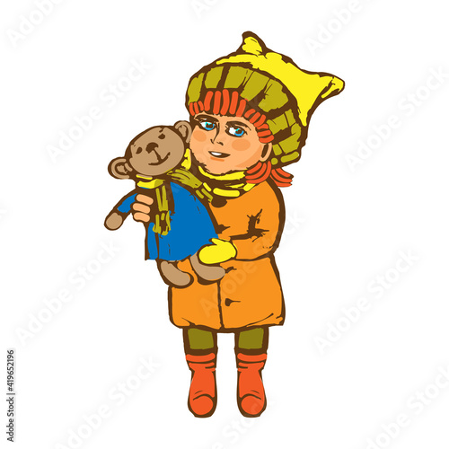A little cartoon girl in a large knitted hat and scarf holds a teddy bear in her hands. Sketch