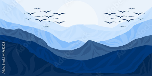 Blue mountain landscape vector illustration for social media template, background vector, wallpaper design, web banner, tourism travel design, and backdrop