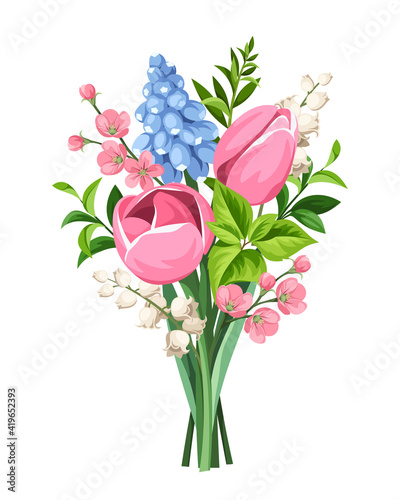 Vector spring bouquet of pink tulips, blue hyacinth flowers and white lily of the valley isolated on a white background.