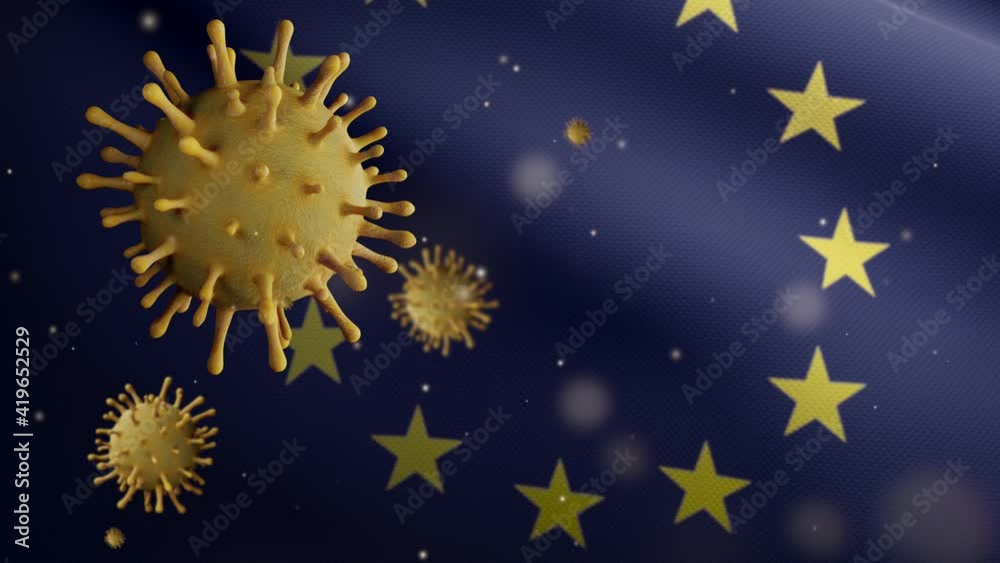 3D illustration Flu coronavirus floating over European Union flag, pathogen attacks respiratory tract. Europe banner waving pandemic Covid 19 virus infection concept. Fabric texture ensign-Dan 3D illustration Flu coronavirus floating over European Union flag, pathogen attacks respiratory tract. Europe banner waving pandemic Covid 19 virus infection concept. Fabric texture ensign-Dan