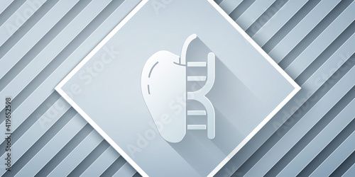 Paper cut Genetically modified apple icon isolated on grey background. GMO fruit. Paper art style. Vector.