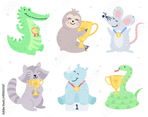 Set of animals with gold medals and cups.