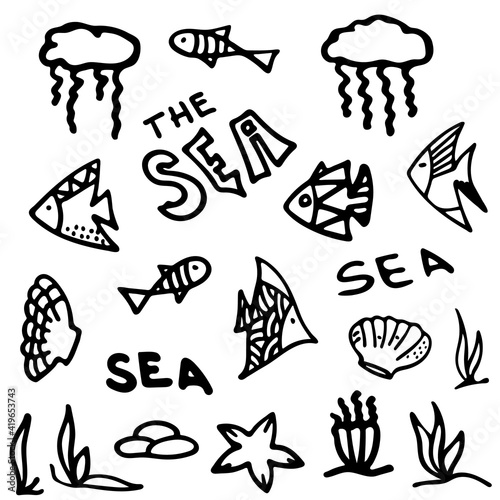 The Sea Life Black and White Doodle Sketch. Underwater World Illustration for Coloring Book.