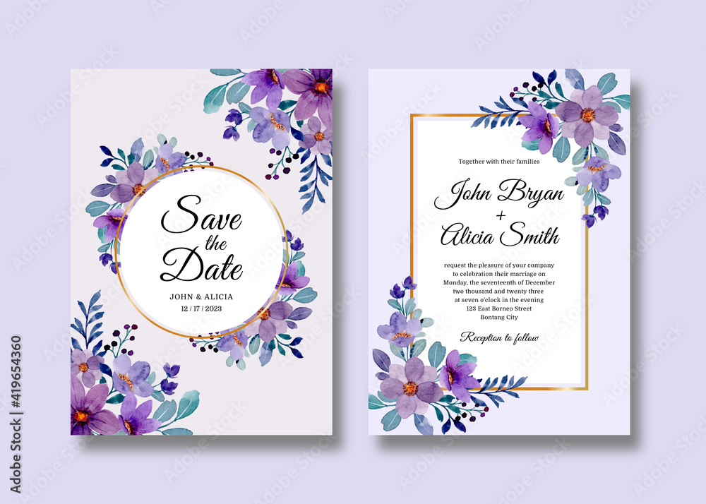 Wedding invitation card set with purple floral watercolor
