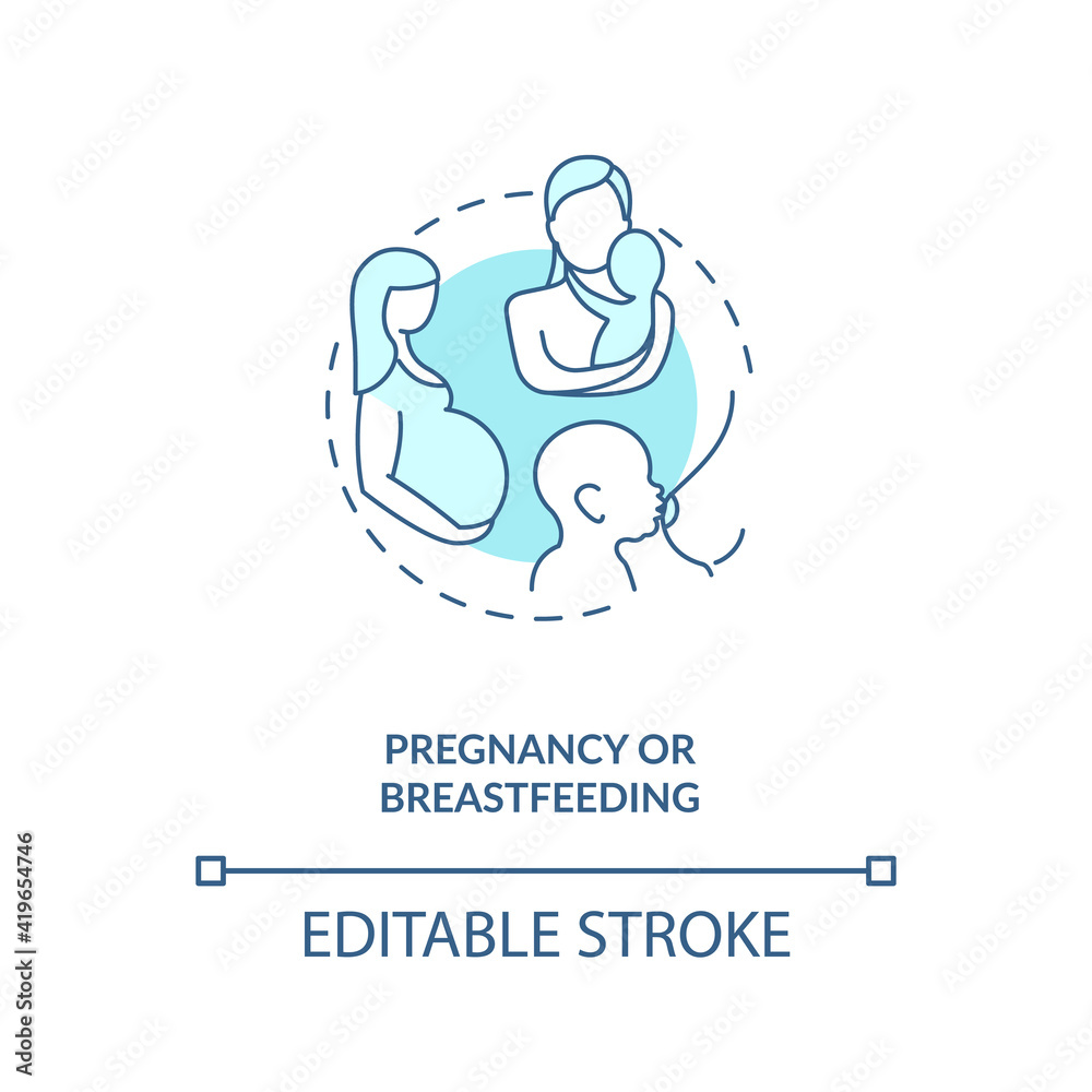 Pregnancy or breastfeeding blue concept icon. Motherhood, caring for newborn baby. Intermittent fasting idea thin line illustration. Vector isolated outline RGB color drawing. Editable stroke Pregnancy or breastfeeding blue concept icon. Motherhood, caring for newborn baby. Intermittent fasting idea thin line illustration. Vector isolated outline RGB color drawing. Editable stroke