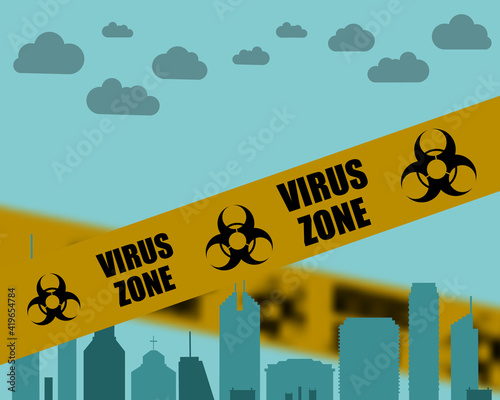 Virus warning tape over the city. Coronavirus pandemic. Vector 10 eps