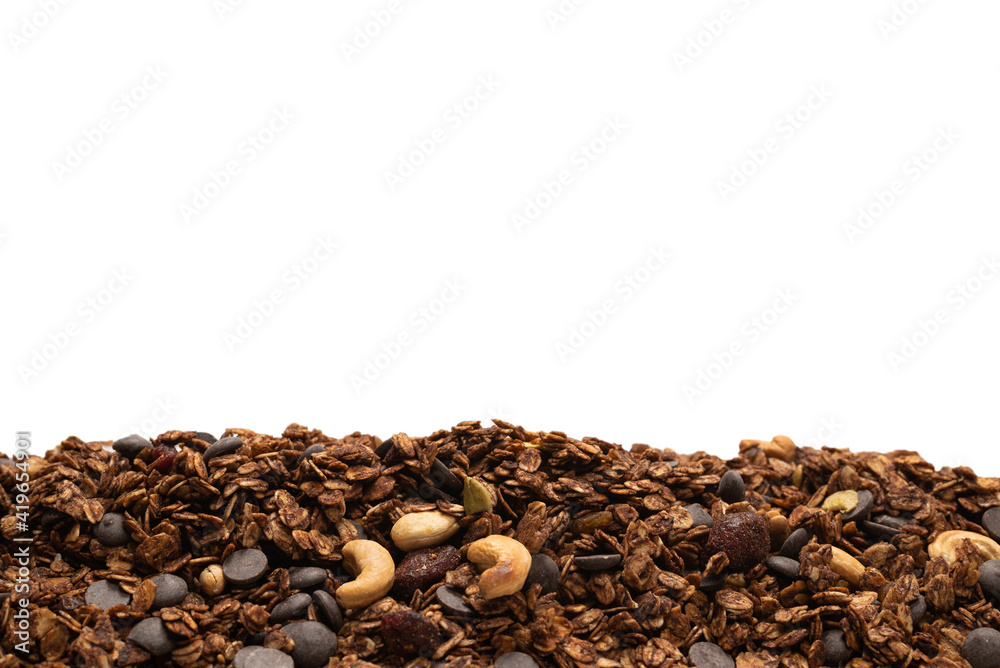 Chocolate granola cereal with nuts background. Chocolate granola cereal with nuts background.