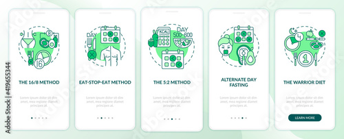 Intermittent fasting methods green onboarding mobile app page screen with concepts. 16-8 or 5-2 method. Diet walkthrough 5 steps graphic instructions. UI vector template with RGB color illustrations