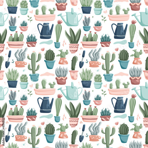 Seamless pattern with vector doodle icons of home plants in pots. Cute pastel colored lined cacti and succulents in different shapes and sizes. Stickers on the theme of gardening and home comfort.