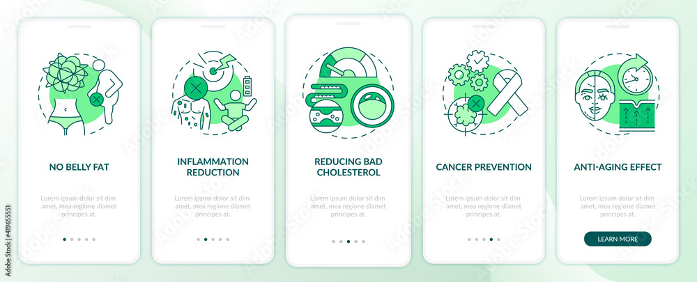 Intermittent fasting benefits green onboarding mobile app page screen with concepts. Healthy diet walkthrough 5 steps graphic instructions. UI vector template with RGB color illustrations Intermittent fasting benefits green onboarding mobile app page screen with concepts. Healthy diet walkthrough 5 steps graphic instructions. UI vector template with RGB color illustrations