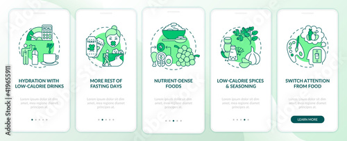 Intermittent fasting tips green onboarding mobile app page screen with concepts. Nutrient dense food. Diet walkthrough 5 steps graphic instructions. UI vector template with RGB color illustrations