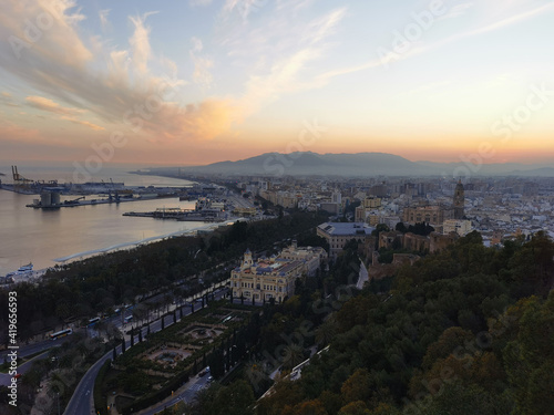 Aerial view of the port and the city of malaga in spain at sunset