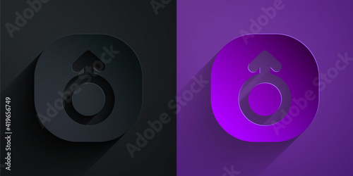 Paper cut Mars symbol icon isolated on black on purple background. Astrology, numerology, horoscope, astronomy. Paper art style. Vector.