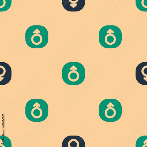 Green and black Mars symbol icon isolated seamless pattern on beige background. Astrology, numerology, horoscope, astronomy. Vector.