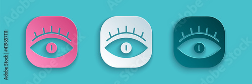 Paper cut Masons symbol All-seeing eye of God icon isolated on blue background. The eye of Providence in the triangle. Paper art style. Vector.