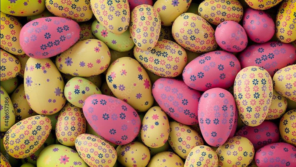 Multicolored, Easter Egg background. Beautiful Yellow, Pink and Navy Eggs with Floral patterns. 3D Render Multicolored, Easter Egg background. Beautiful Yellow, Pink and Navy Eggs with Floral patterns. 3D Render