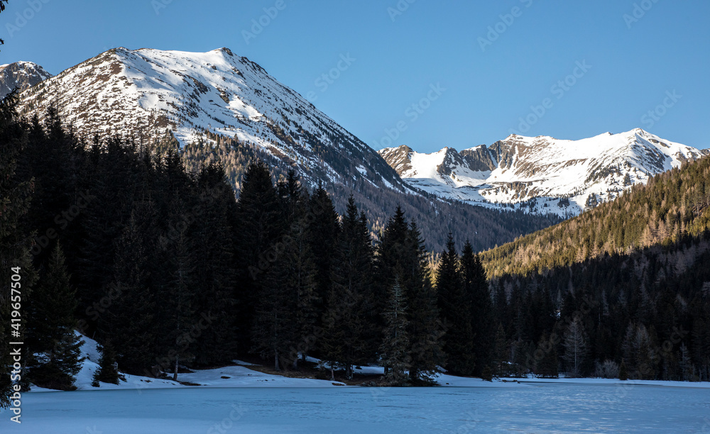 alpin scenery on mountain suessleiteck and bauleiteck in winter in styria, austria