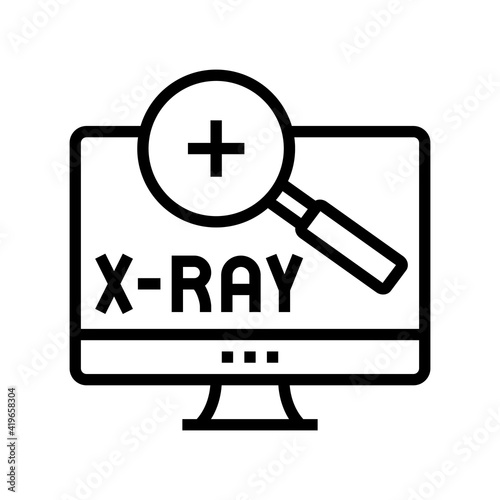 x-ray radiology researching on computer screen line icon vector. x-ray radiology researching on computer screen sign. isolated contour symbol black illustration