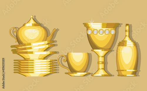 Gold dishes. Glass, cup and saucer, plates, bottle, kettle