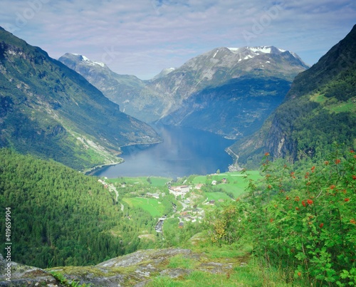 Elevated view from Flydalsjuvet of the Geiranger Fjord, Western Fjords, Norway photo