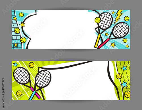Bright pop art banners for Tennis with rackets, balls, net and stars. Cartoon text frame on a ray background. Comic Template for web design, banners, cards, coupons and posters. Vector illustration