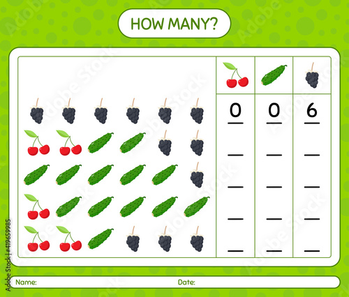 How many counting game with fruit. worksheet for preschool kids, kids activity sheet, printable worksheet