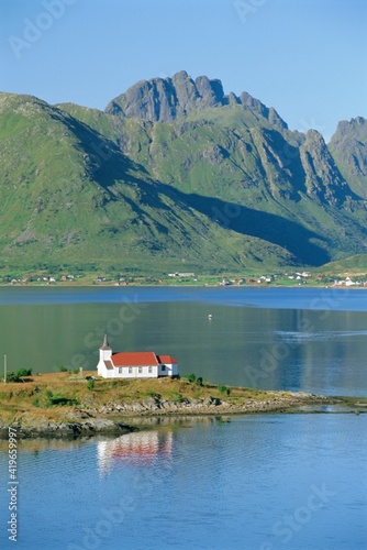 Red church on Austnesfjord, Lofoten Islands, Nordland, Norway photo