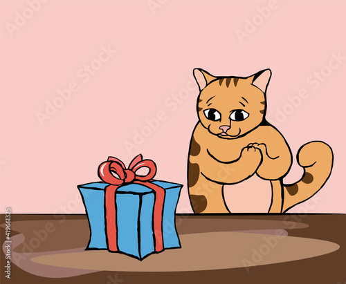 A surprised and happy cat that looks at a gift box. Vector illustration.