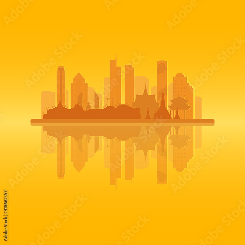 Bangkok skyline with famous landmarks with backlit and reflection. Vector EPS10 illustration. Each building is a separate layer. Straight lines are aligned by pixels.