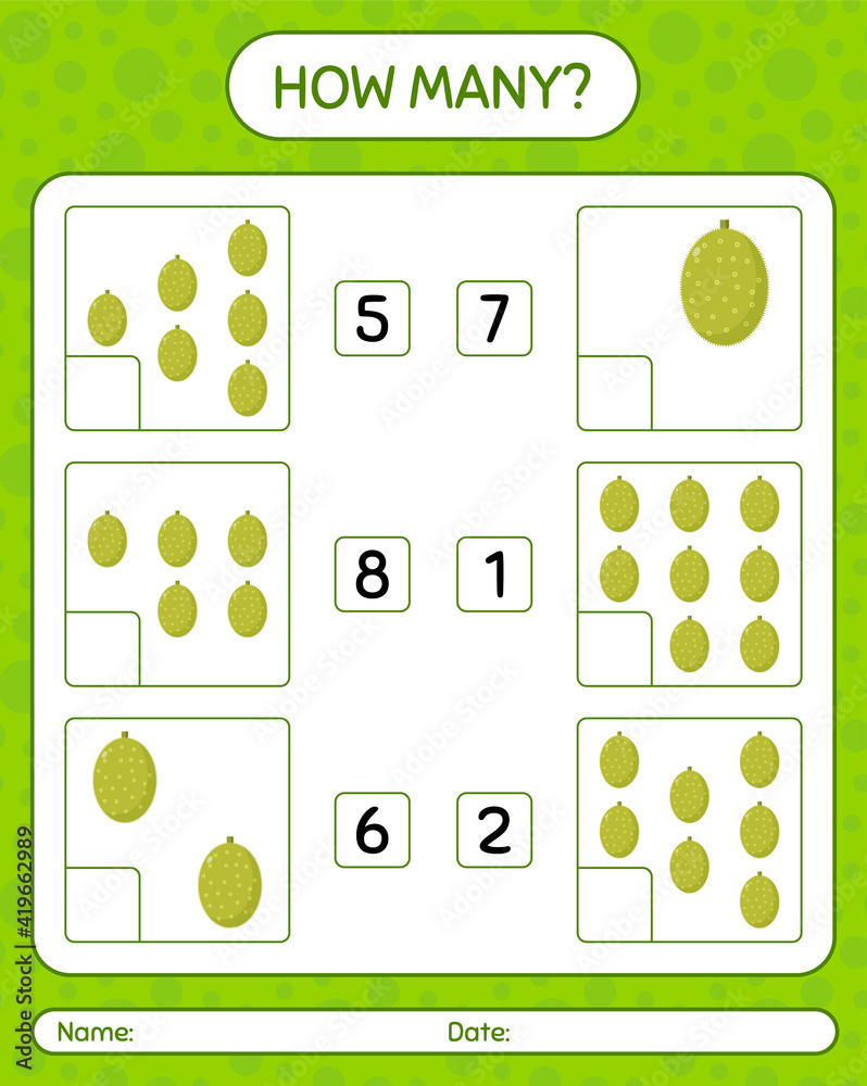 How many counting game with jackfruit worksheet for preschool kids, kids activity sheet, printable worksheet