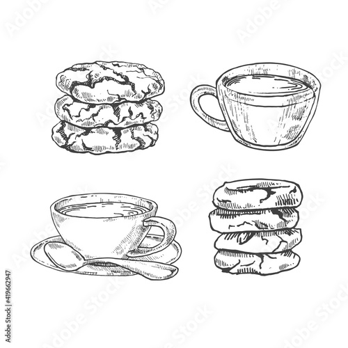 Hand drawn vector illustration of cookies, biscuits, cups. Isolated pastry images for design, packaging, menu