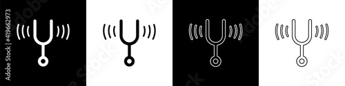 Set Musical tuning fork for tuning musical instruments icon isolated on black and white background. Vector.